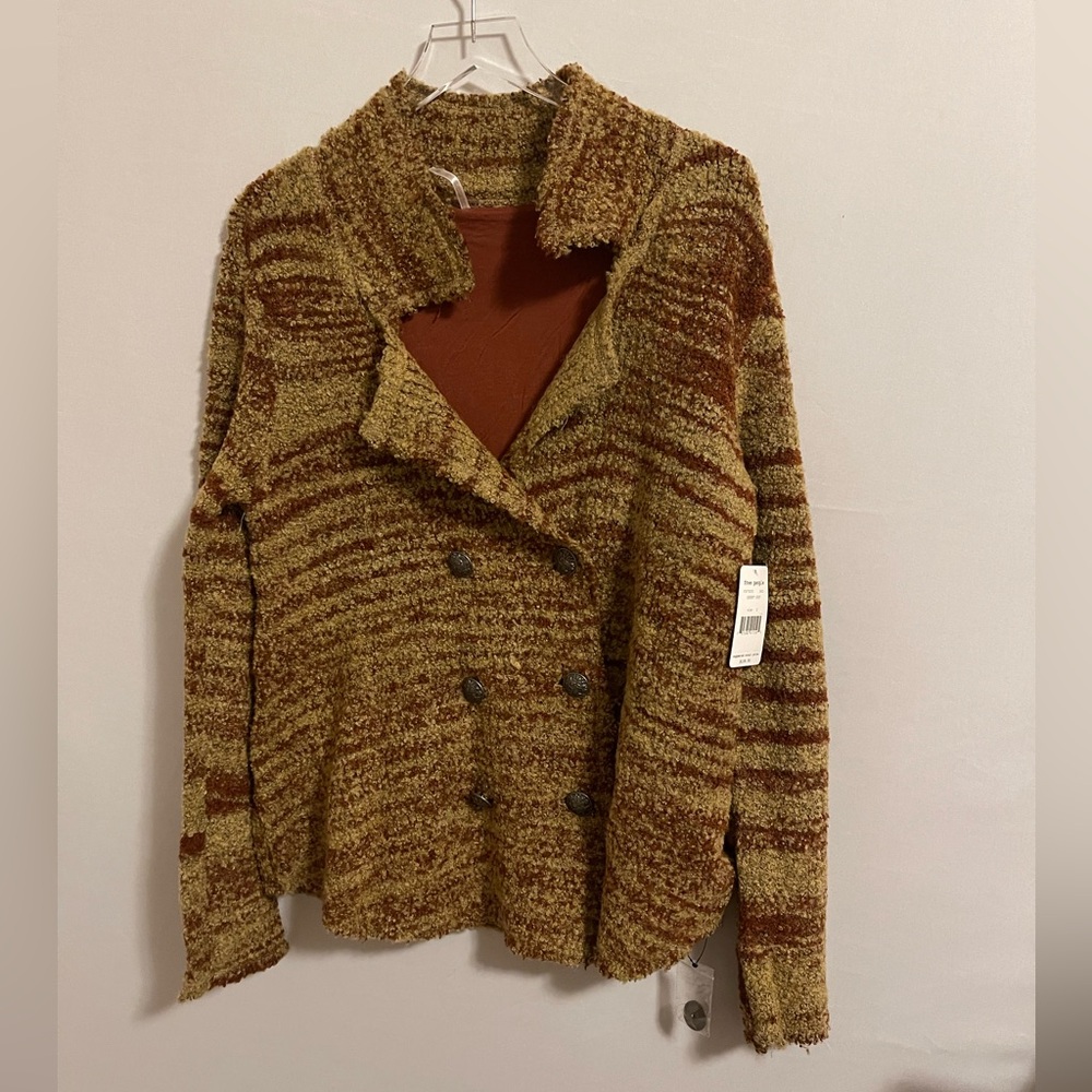 NWT‎ Zebra Yarn Double Breasted Knit Cardigan Free People Boucle L Desert Dust